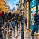 Illustration de bande dessinée : un agent de sécurité désarmé et effrayé devant une boutique de téléphonie, face à un groupe cagoulé tenant des bâtons dans une rue parisienne.