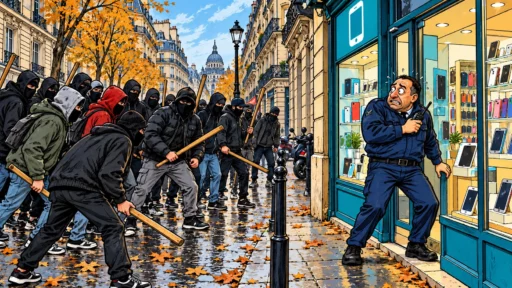 Illustration de bande dessinée : un agent de sécurité désarmé et effrayé devant une boutique de téléphonie, face à un groupe cagoulé tenant des bâtons dans une rue parisienne.