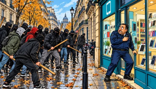 Illustration de bande dessinée : un agent de sécurité désarmé et effrayé devant une boutique de téléphonie, face à un groupe cagoulé tenant des bâtons dans une rue parisienne.
