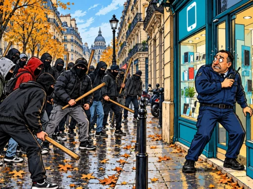 Illustration de bande dessinée : un agent de sécurité désarmé et effrayé devant une boutique de téléphonie, face à un groupe cagoulé tenant des bâtons dans une rue parisienne.