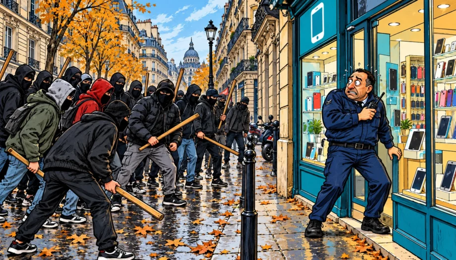 Illustration de bande dessinée : un agent de sécurité désarmé et effrayé devant une boutique de téléphonie, face à un groupe cagoulé tenant des bâtons dans une rue parisienne.