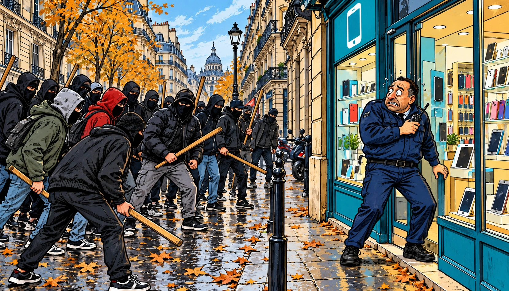 Illustration de bande dessinée : un agent de sécurité désarmé et effrayé devant une boutique de téléphonie, face à un groupe cagoulé tenant des bâtons dans une rue parisienne.