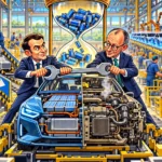 Emmanuel Macron et Friedrich Merz réparent une voiture mi-électrique mi-thermique sous un sablier rempli de batteries dans une usine européenne.