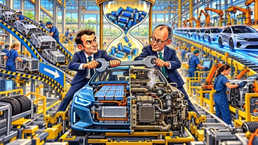 Emmanuel Macron et Friedrich Merz réparent une voiture mi-électrique mi-thermique sous un sablier rempli de batteries dans une usine européenne.