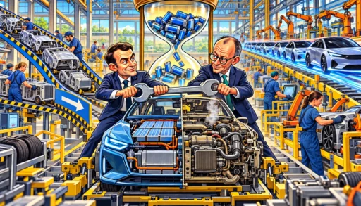 Emmanuel Macron et Friedrich Merz réparent une voiture mi-électrique mi-thermique sous un sablier rempli de batteries dans une usine européenne.