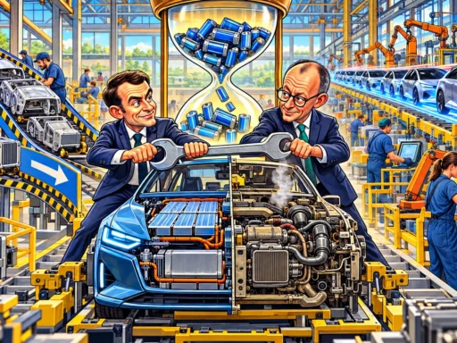 Emmanuel Macron et Friedrich Merz réparent une voiture mi-électrique mi-thermique sous un sablier rempli de batteries dans une usine européenne.
