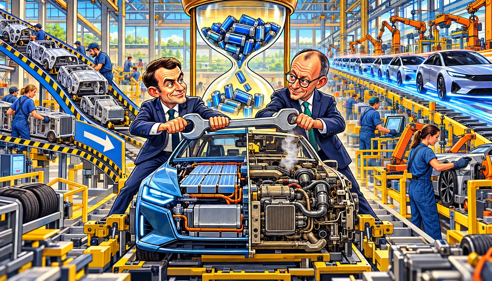 Emmanuel Macron et Friedrich Merz réparent une voiture mi-électrique mi-thermique sous un sablier rempli de batteries dans une usine européenne.