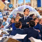Jordan Bardella reste debout au centre d'un hémicycle tandis que des dossiers authentifiés glissent sur un bouclier partisan