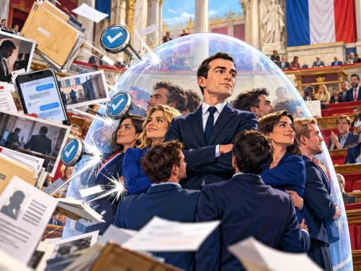 Jordan Bardella reste debout au centre d'un hémicycle tandis que des dossiers authentifiés glissent sur un bouclier partisan