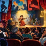 Une scène de théâtre séparée entre un public qui proteste et une artiste qui continue de jouer sous la protection d'un rideau ouvert.