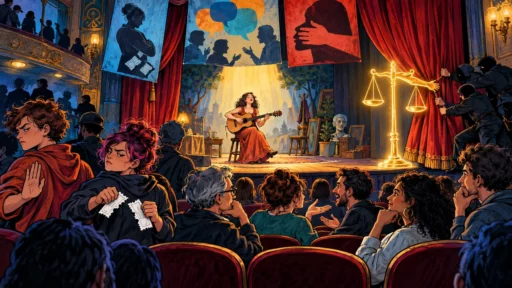 Une scène de théâtre séparée entre un public qui proteste et une artiste qui continue de jouer sous la protection d'un rideau ouvert.