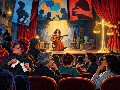 Une scène de théâtre séparée entre un public qui proteste et une artiste qui continue de jouer sous la protection d'un rideau ouvert.