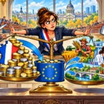 Une citoyenne arbitre entre des responsables voulant couper le financement européen et d’autres tendant des chèques en blanc, devant une balance montrant les versements et leurs retours.