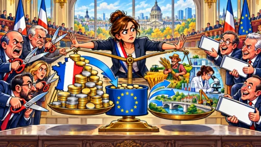 Une citoyenne arbitre entre des responsables voulant couper le financement européen et d’autres tendant des chèques en blanc, devant une balance montrant les versements et leurs retours.