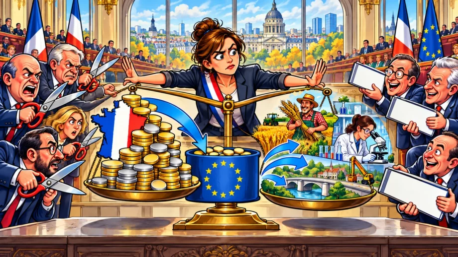 Une citoyenne arbitre entre des responsables voulant couper le financement européen et d’autres tendant des chèques en blanc, devant une balance montrant les versements et leurs retours.
