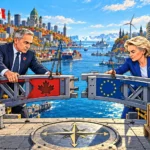 Mark Carney et Ursula von der Leyen assemblent un pont transatlantique entre le Canada et l’Europe, sous le regard d’un aigle américain.