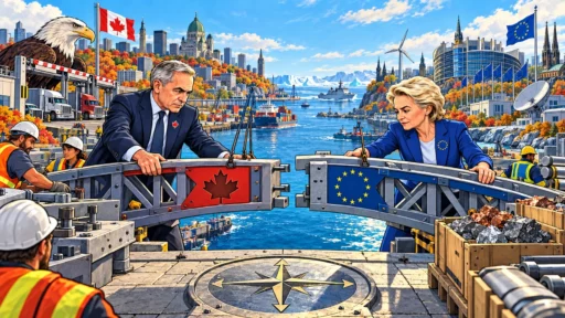 Mark Carney et Ursula von der Leyen assemblent un pont transatlantique entre le Canada et l’Europe, sous le regard d’un aigle américain.