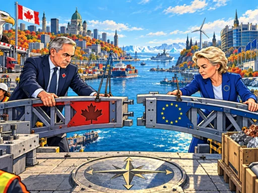 Mark Carney et Ursula von der Leyen assemblent un pont transatlantique entre le Canada et l’Europe, sous le regard d’un aigle américain.