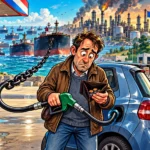 Un automobiliste au portefeuille presque vide fait le plein devant des pétroliers bloqués, une raffinerie et des alternatives encore en chantier.