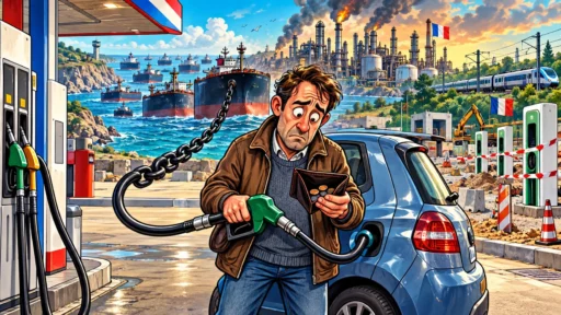 Un automobiliste au portefeuille presque vide fait le plein devant des pétroliers bloqués, une raffinerie et des alternatives encore en chantier.