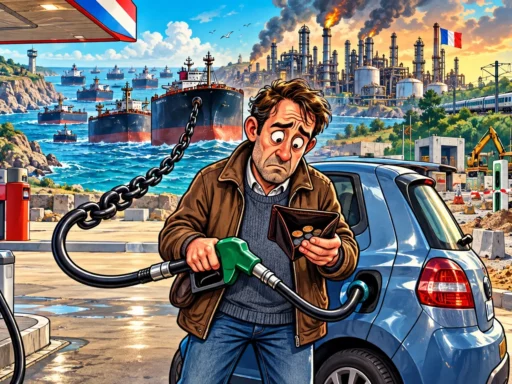 Un automobiliste au portefeuille presque vide fait le plein devant des pétroliers bloqués, une raffinerie et des alternatives encore en chantier.