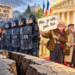Dessin satirique de jeunes manifestant face aux CRS et de retraités accueillis à l’Assemblée, avec la pancarte « Moi, je vote, pas toi ».