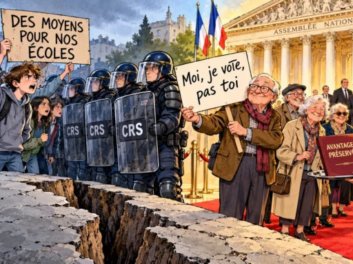 Dessin satirique de jeunes manifestant face aux CRS et de retraités accueillis à l’Assemblée, avec la pancarte « Moi, je vote, pas toi ».