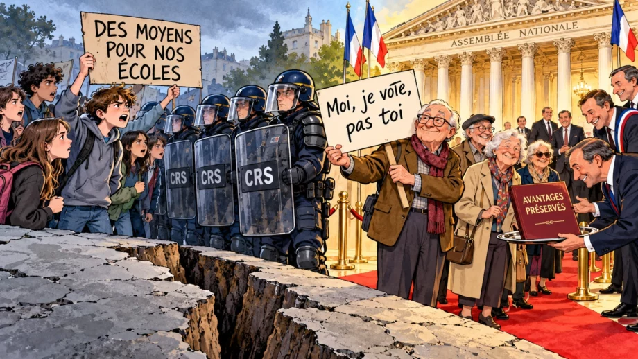 Dessin satirique de jeunes manifestant face aux CRS et de retraités accueillis à l’Assemblée, avec la pancarte « Moi, je vote, pas toi ».