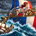 Marianne tient la barre d'un navire français ralenti par une immense ancre faite de pièces et de dossiers budgétaires.