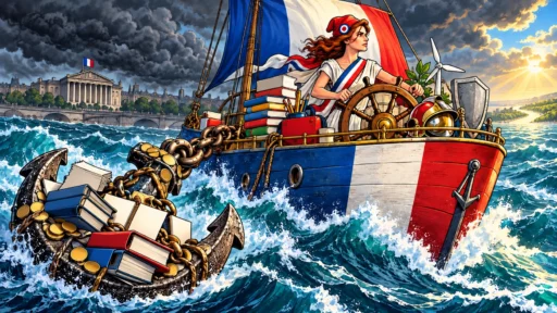 Marianne tient la barre d'un navire français ralenti par une immense ancre faite de pièces et de dossiers budgétaires.