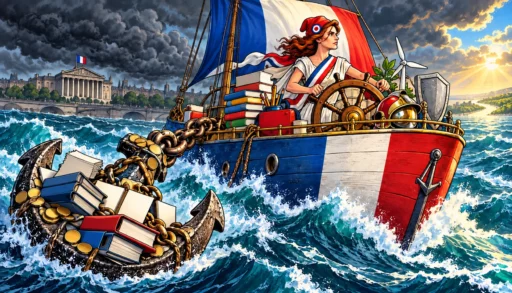 Marianne tient la barre d'un navire français ralenti par une immense ancre faite de pièces et de dossiers budgétaires.