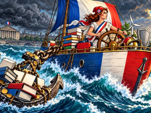 Marianne tient la barre d'un navire français ralenti par une immense ancre faite de pièces et de dossiers budgétaires.