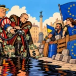 Donald Trump et Vladimir Poutine entourés de liasses de dollars manient un tuyau de diesel noir face à des Européens et un drapeau ukrainien derrière une barricade.