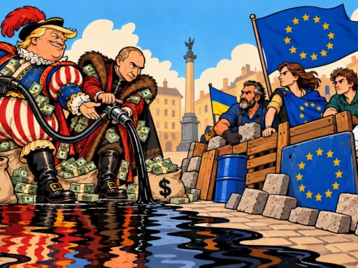 Donald Trump et Vladimir Poutine entourés de liasses de dollars manient un tuyau de diesel noir face à des Européens et un drapeau ukrainien derrière une barricade.