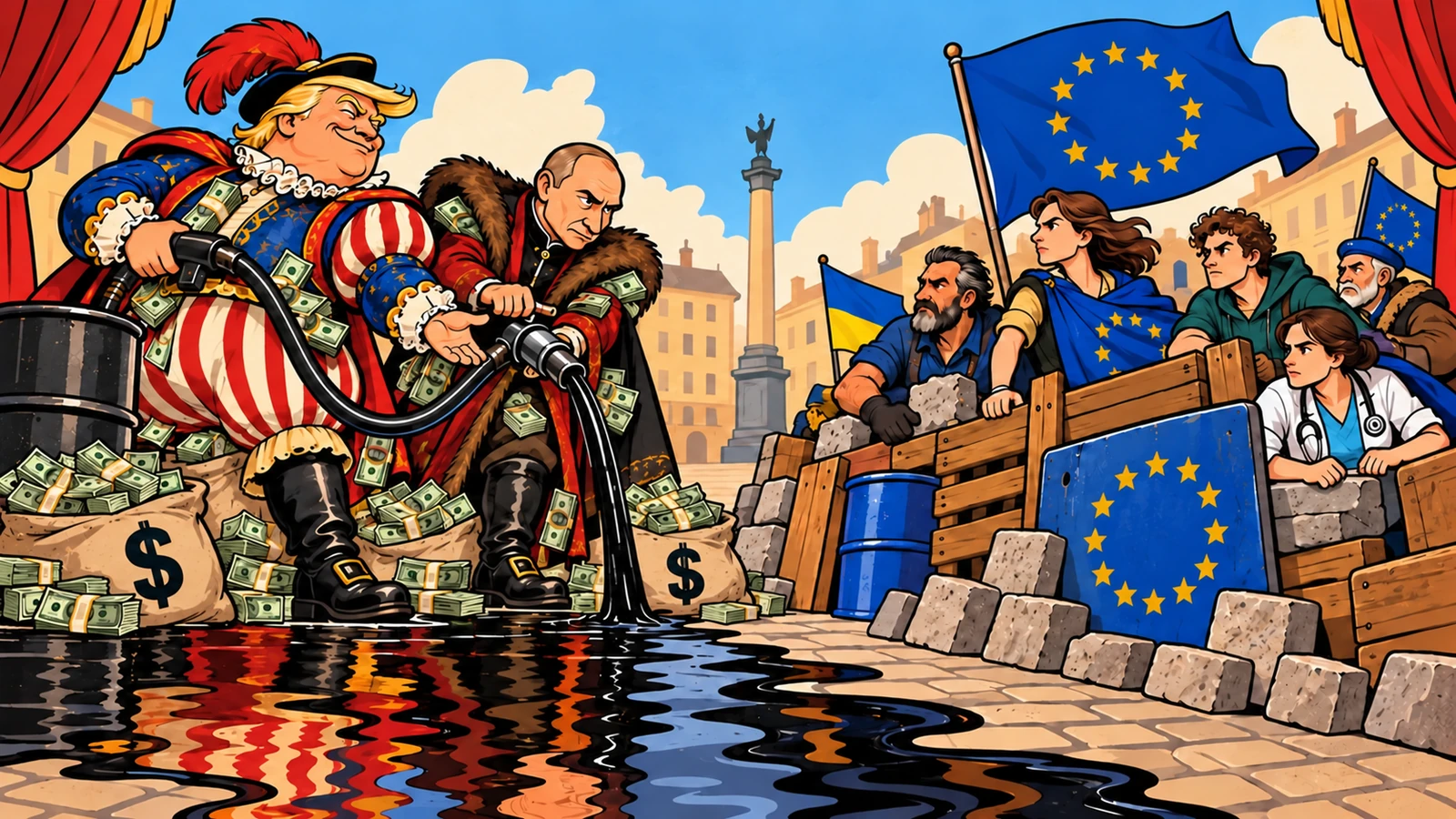 Donald Trump et Vladimir Poutine entourés de liasses de dollars manient un tuyau de diesel noir face à des Européens et un drapeau ukrainien derrière une barricade.