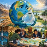 Un globe terrestre tient une tirelire d'eau presque vide tandis que rivières, nappes et glaciers alimentent des pays inégalement exposés.