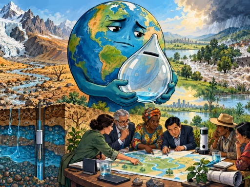 Un globe terrestre tient une tirelire d'eau presque vide tandis que rivières, nappes et glaciers alimentent des pays inégalement exposés.