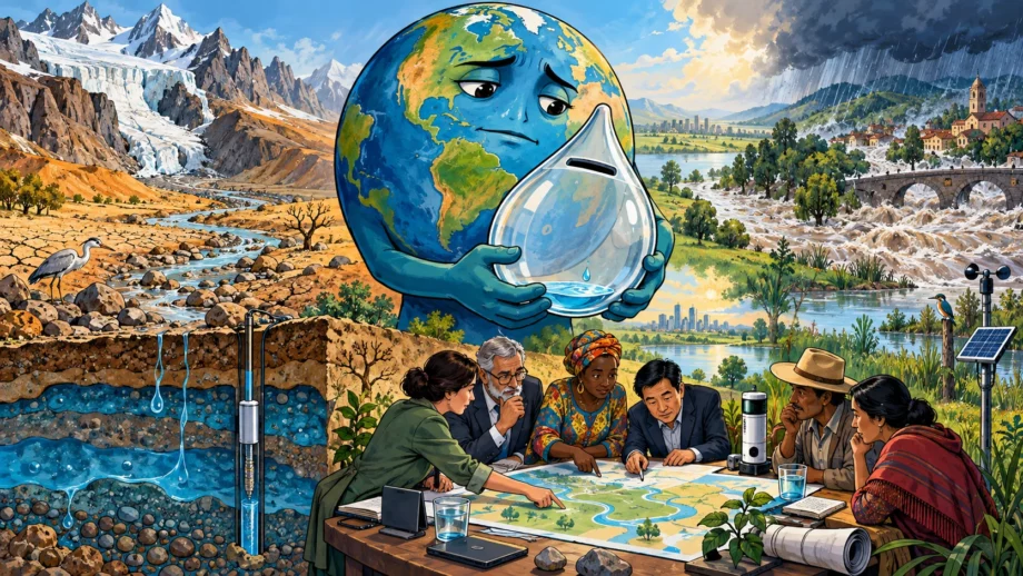 Un globe terrestre tient une tirelire d'eau presque vide tandis que rivières, nappes et glaciers alimentent des pays inégalement exposés.