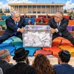 Une urne transparente sépare Nétanyahou et Eisenkot devant une Knesset divisée en blocs, sous le regard d’électeurs israéliens.