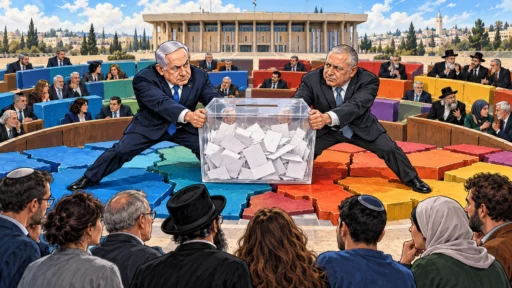 Une urne transparente sépare Nétanyahou et Eisenkot devant une Knesset divisée en blocs, sous le regard d’électeurs israéliens.