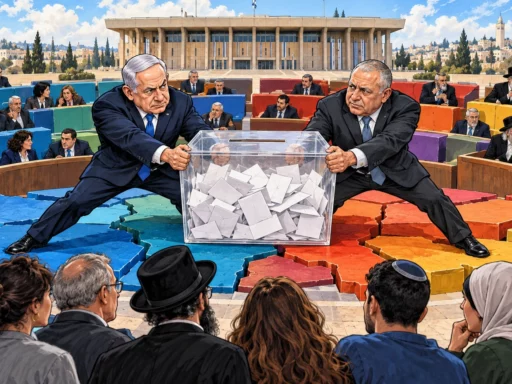 Une urne transparente sépare Nétanyahou et Eisenkot devant une Knesset divisée en blocs, sous le regard d’électeurs israéliens.