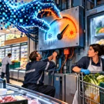 Des employés de supermarché protègent la chaîne du froid face à une main numérique manipulant un tableau de contrôle frigorifique.