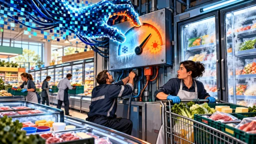 Des employés de supermarché protègent la chaîne du froid face à une main numérique manipulant un tableau de contrôle frigorifique.