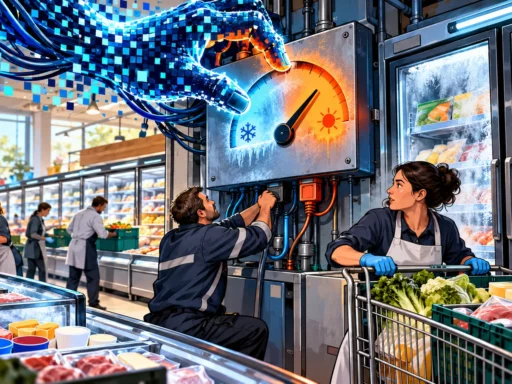 Des employés de supermarché protègent la chaîne du froid face à une main numérique manipulant un tableau de contrôle frigorifique.