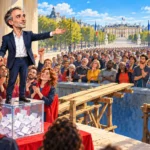 Raphaël Glucksmann sur une urne, face à un pont inachevé vers une foule plus large et l’Élysée.