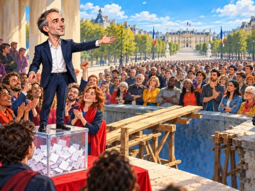 Raphaël Glucksmann sur une urne, face à un pont inachevé vers une foule plus large et l’Élysée.