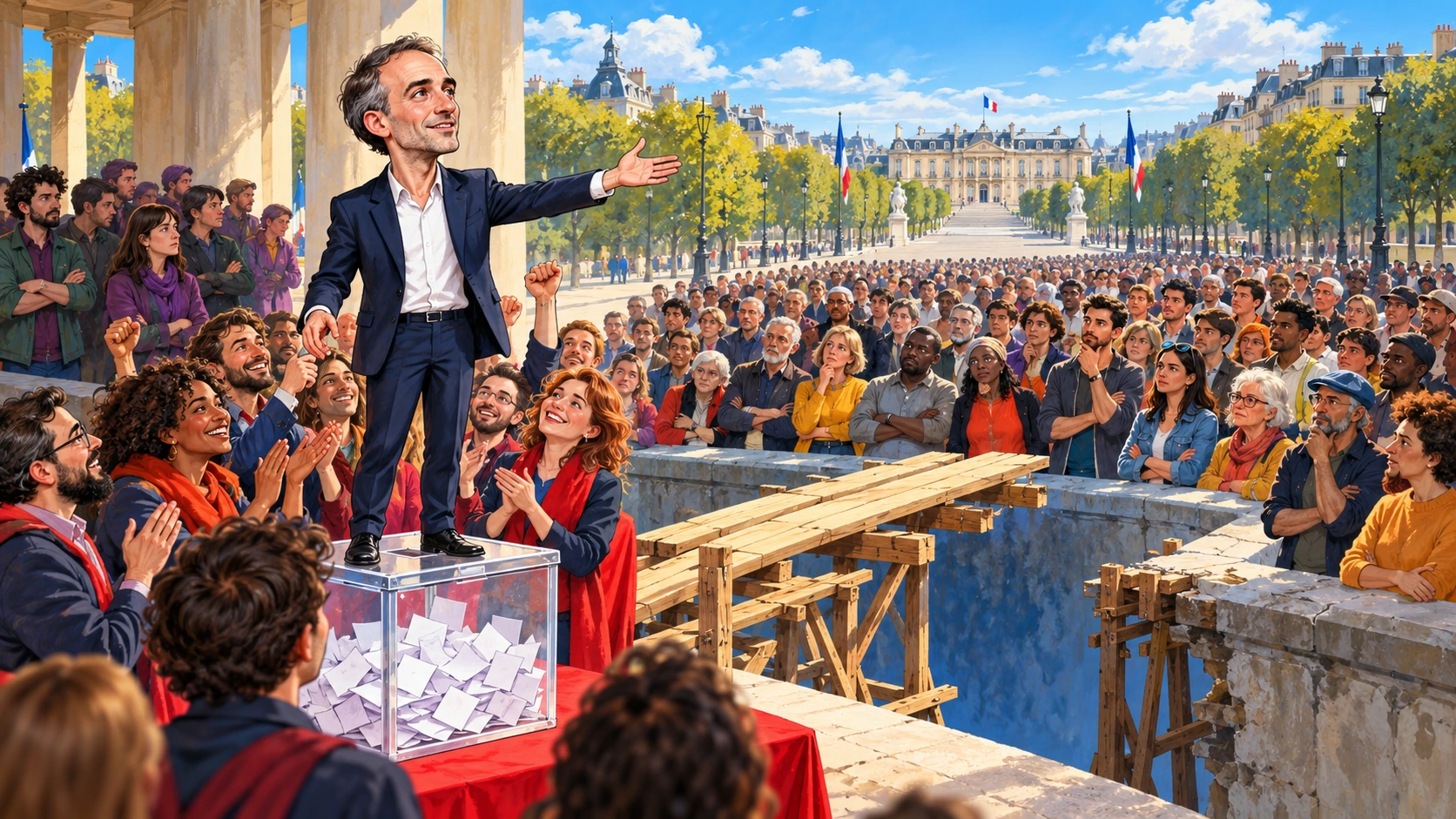 Raphaël Glucksmann sur une urne, face à un pont inachevé vers une foule plus large et l’Élysée.