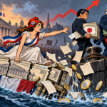 Marianne sur un navire français qui sombre, tandis que des investisseurs japonais, américains et britanniques emportent leurs obligations, devant Paris et des manifestants.