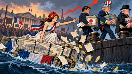 Marianne sur un navire français qui sombre, tandis que des investisseurs japonais, américains et britanniques emportent leurs obligations, devant Paris et des manifestants.
