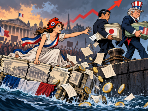 Marianne sur un navire français qui sombre, tandis que des investisseurs japonais, américains et britanniques emportent leurs obligations, devant Paris et des manifestants.